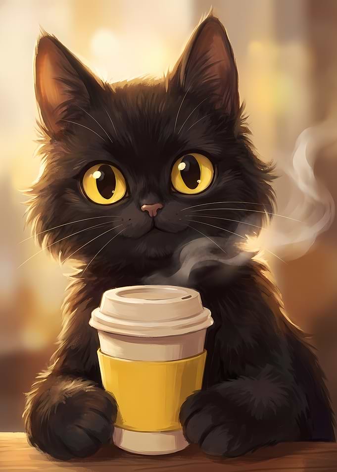 Black Cat with Coffee Cup
