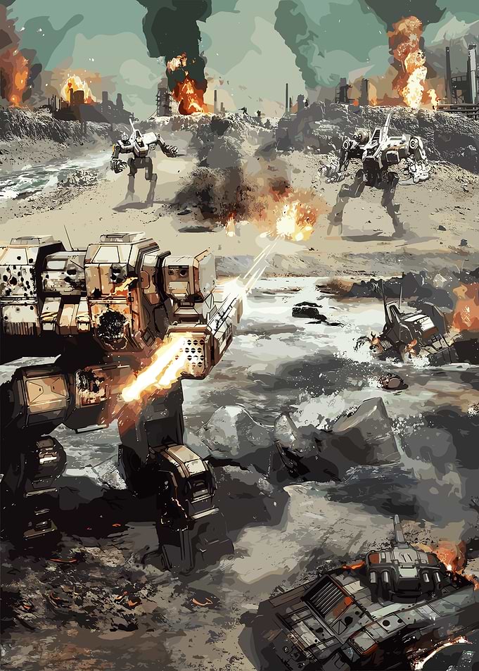 Mech Battle in a War-Torn Landscape
