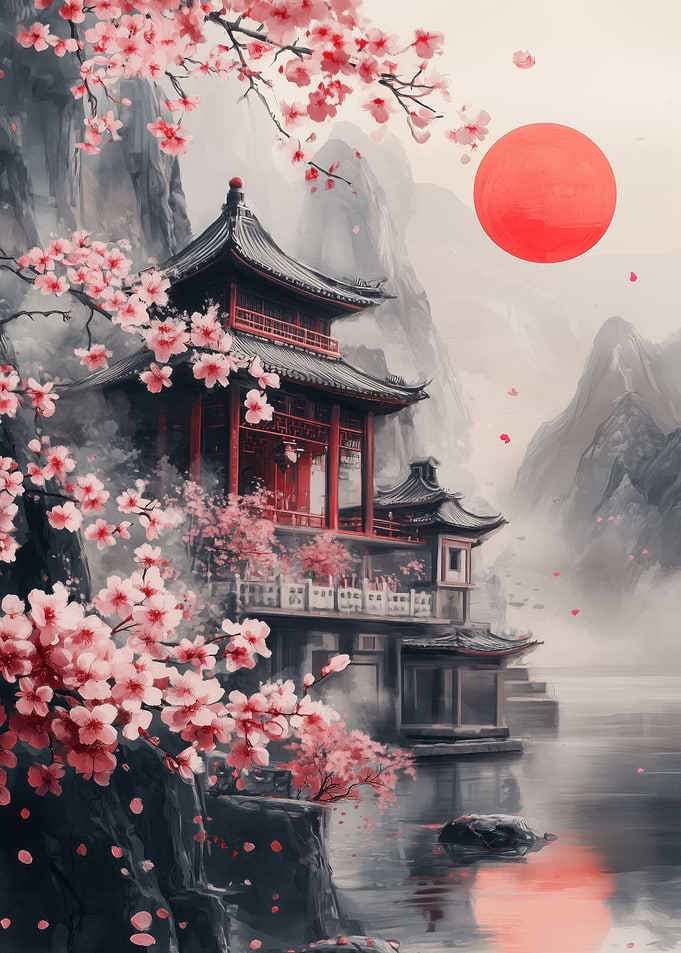 Japanese Temple with Cherry Blossoms