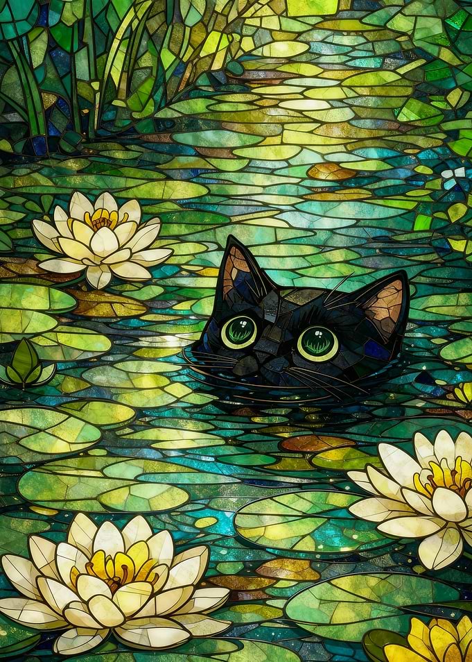 Stained Glass Cat in Lily Pond