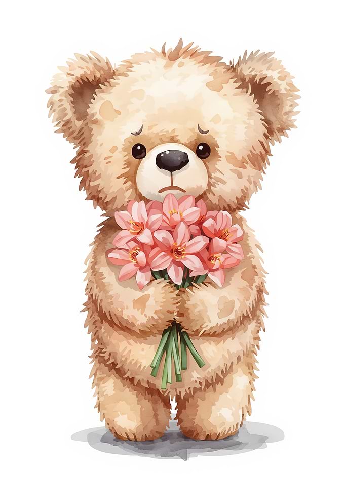 Sad Teddy Bear with Pink Flowers