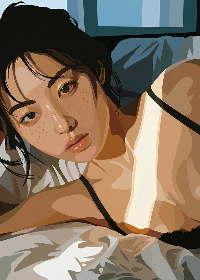 Woman Portrait in Bed, Digital Art