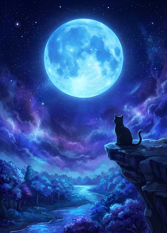 Cat gazing at the moon