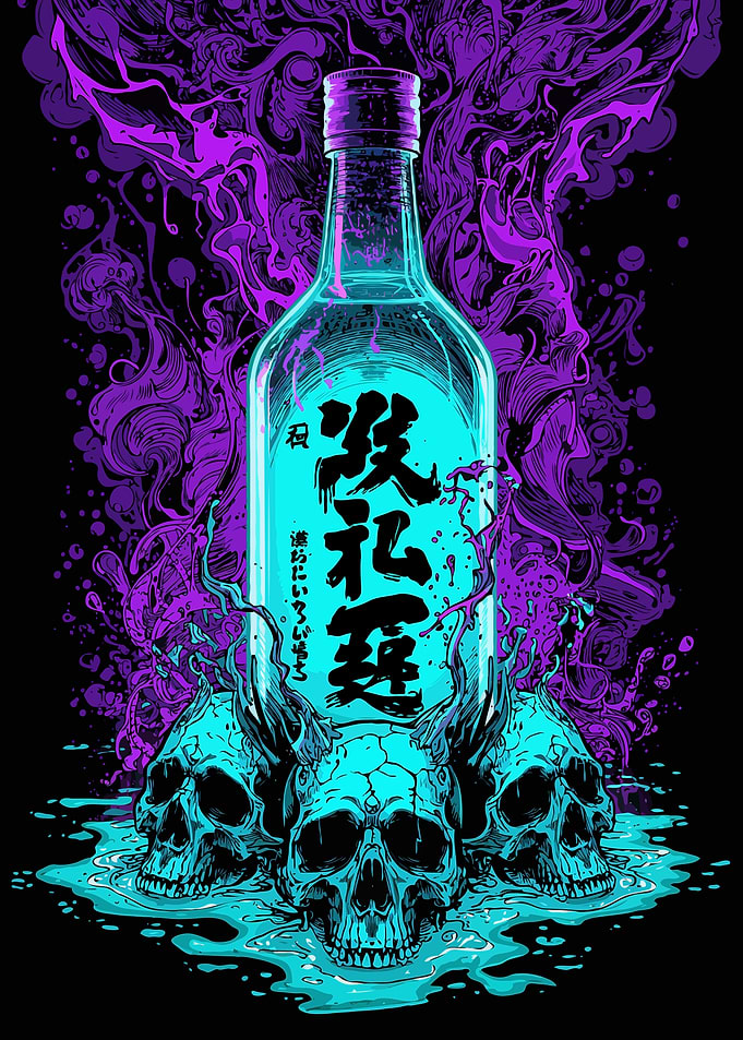 Sake bottle with skulls and smoke