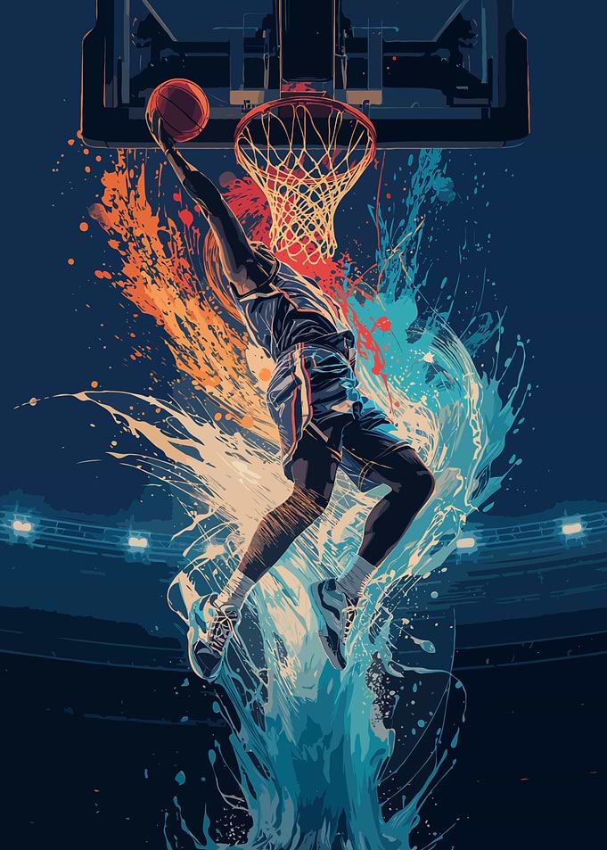 Basketball Player Dunking with Paint Splatters