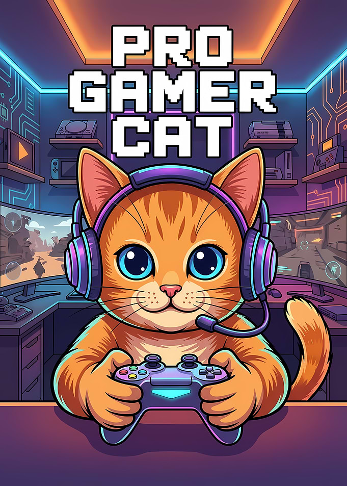 Pro Gamer Cat Cartoon Illustration