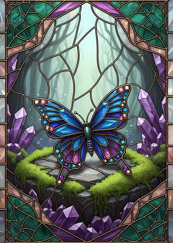 Stained Glass Butterfly in Forest Scene