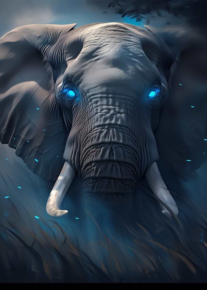 Dark Wood Collection: Elephant with Glowing Blue Eyes