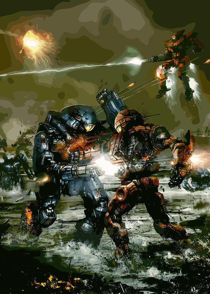 Mech Battle in a Swampy Landscape