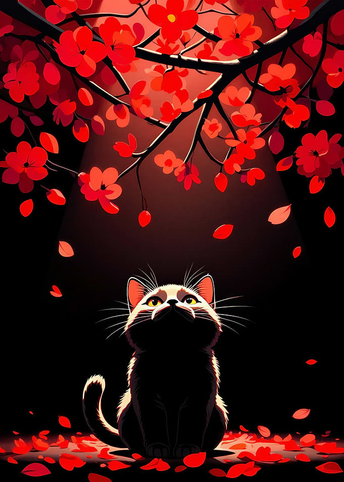 Cat under Cherry Blossoms