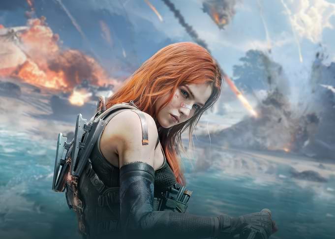 Female Warrior in War-Torn Landscape