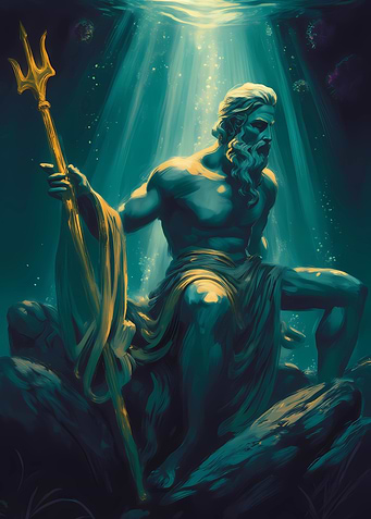 Poseidon underwater with trident