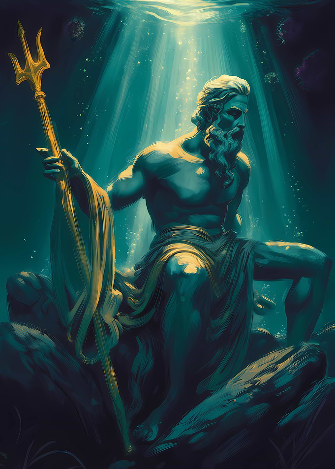 Poseidon underwater with trident