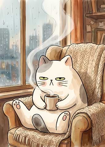 Cat with Coffee on Rainy Day