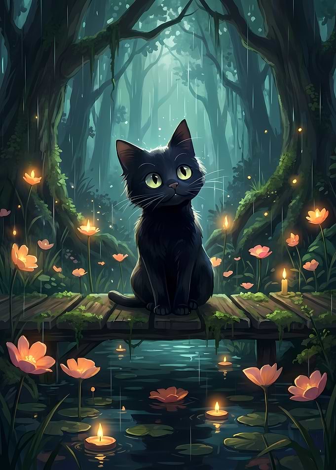 Black Cat in Rainy Forest