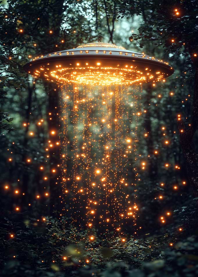 UFO in Forest with Light Beams