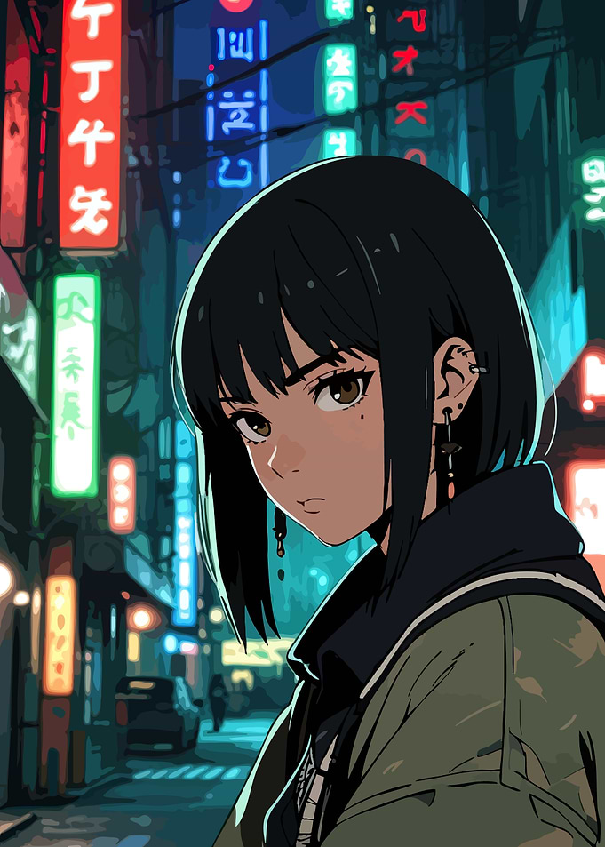 Anime Girl in Neon Cityscape