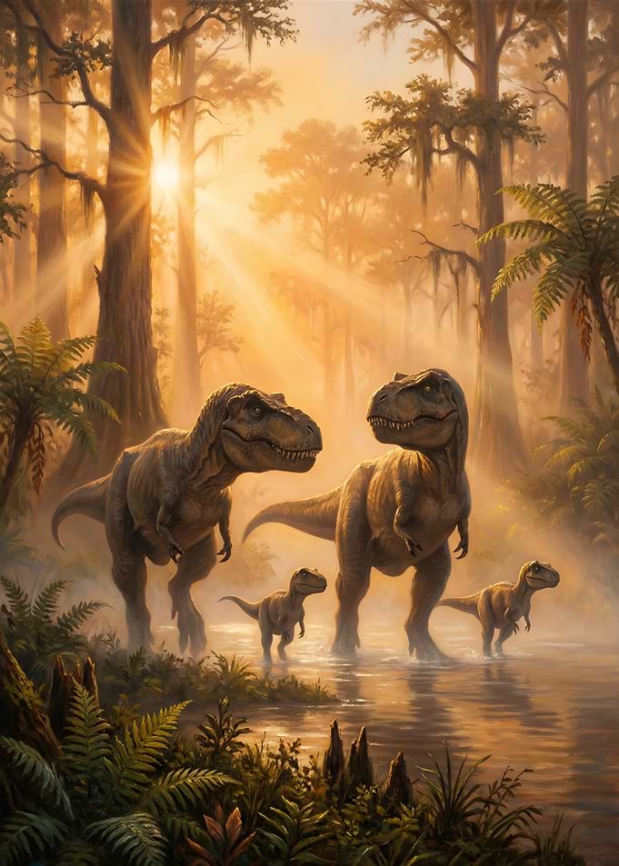 Tyrannosaurus Rex Family in Prehistoric Setting