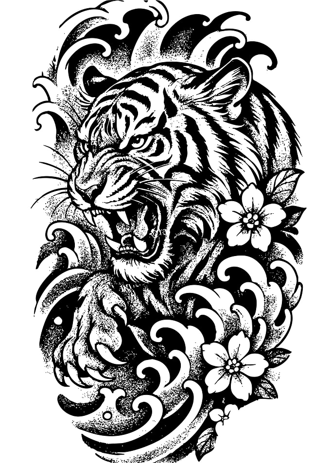 Tiger with Waves and Flowers