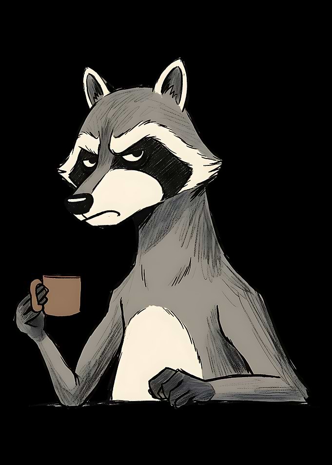Grumpy Raccoon with Coffee Mug
