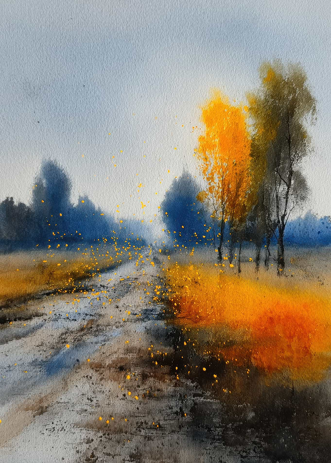 Autumn Road Watercolor Landscape Painting