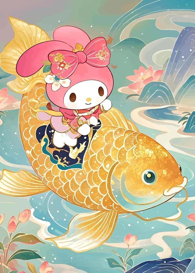 My Melody riding a golden fish