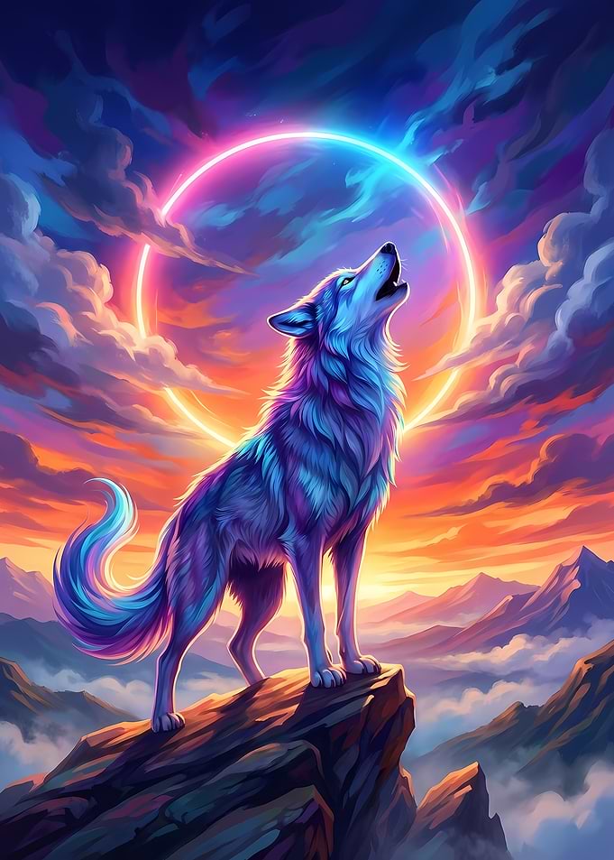 Howling Wolf with Neon Circle