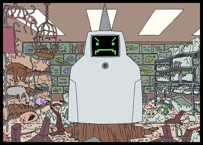 Robot with Angry Face in Messy Room