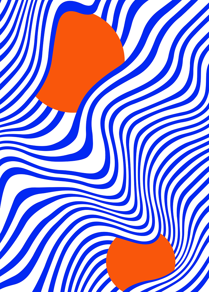 Optical Illusion Poster – Blue Waves with Two Orange Balls