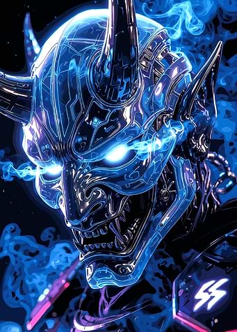 Cyberpunk Oni Mask with Blue Flames