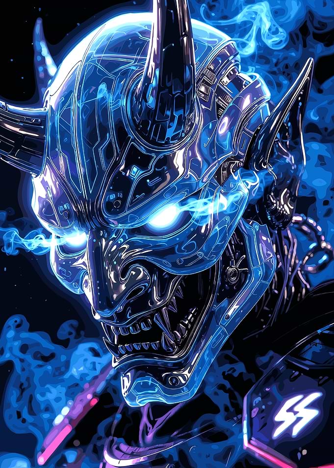 Cyberpunk Oni Mask with Blue Flames