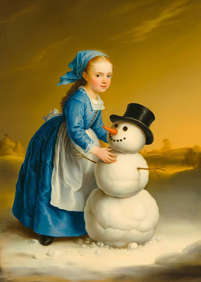 Girl Building a Snowman Painting
