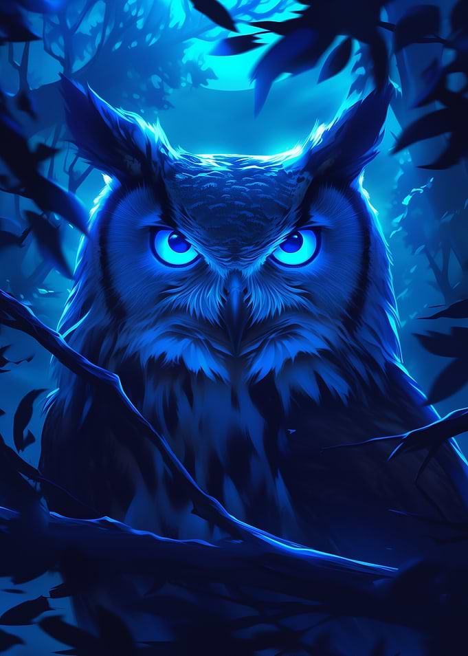 Dark Wood Collection: Blue Owl Portrait