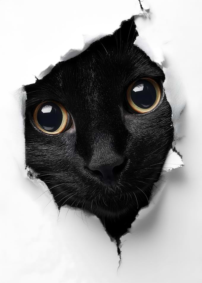 Black cat peeking through torn paper
