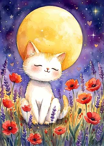 Dreamy Cat Under Moon Watercolor