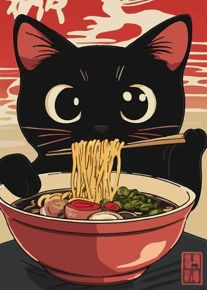 Cat Eating Ramen