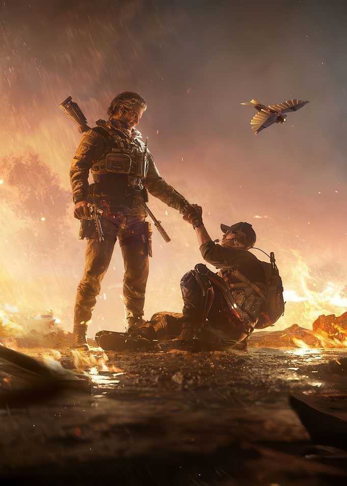 Soldier Helping Comrade in Fiery Landscape