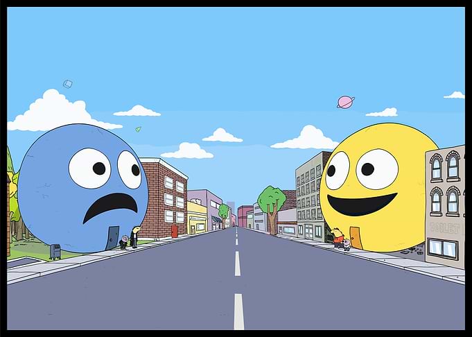 Cartoon Cityscape with Emotional Spheres