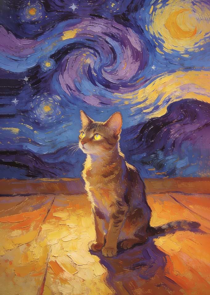 Cat in Starry Night Style Painting
