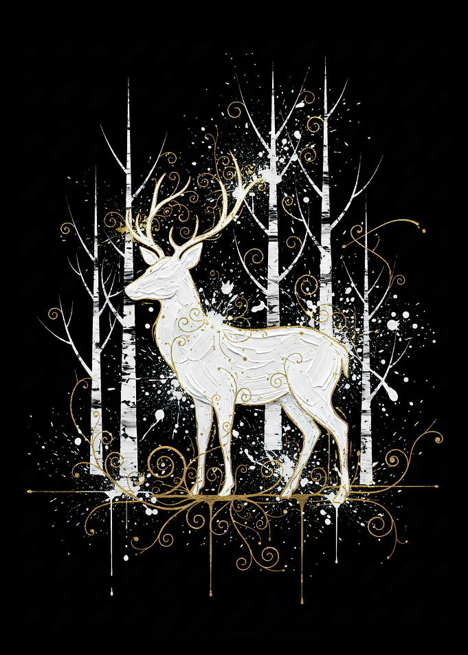 White Deer in Birch Forest Art