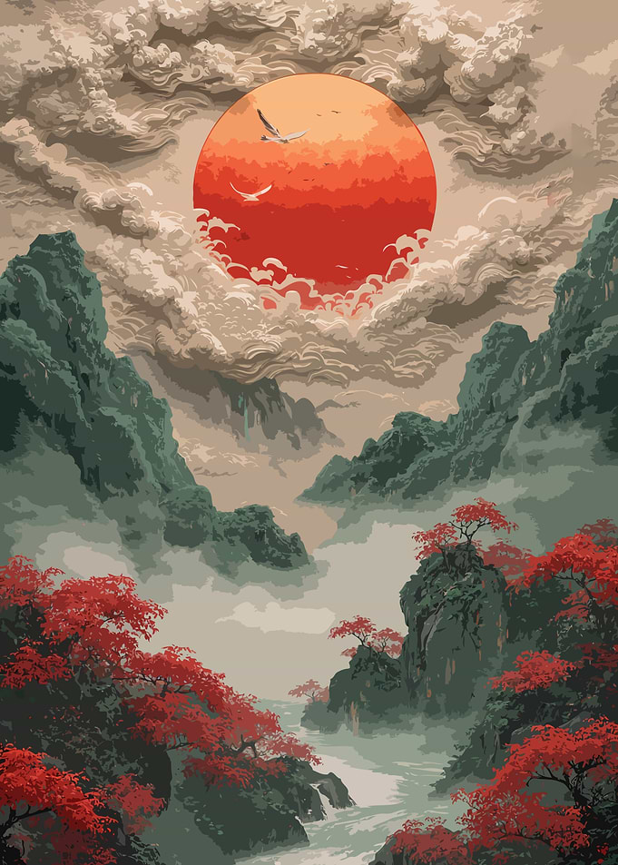 Pixel Art Landscape with Red Sun