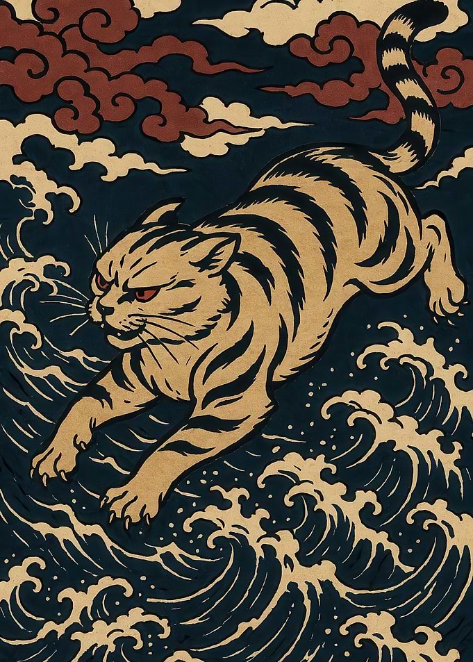 Cat leaping over waves, Asian art