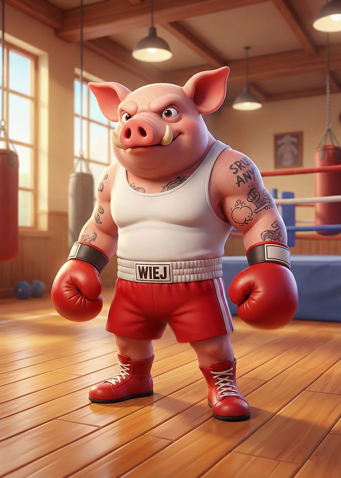 Cartoon Pig Boxer in Gym
