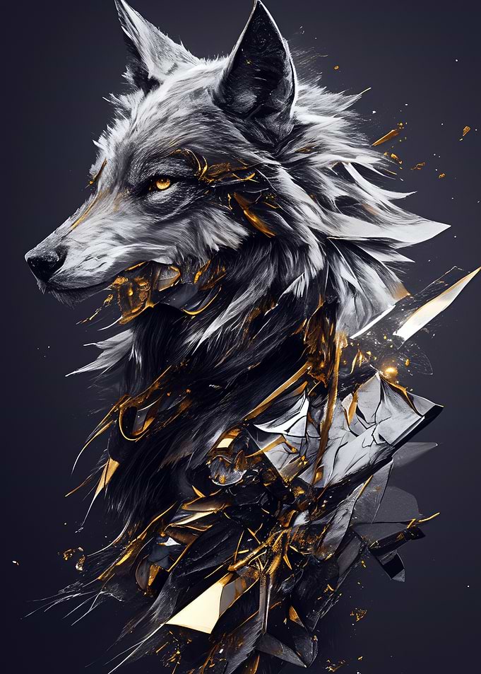 Abstract Wolf Portrait with Golden Accents