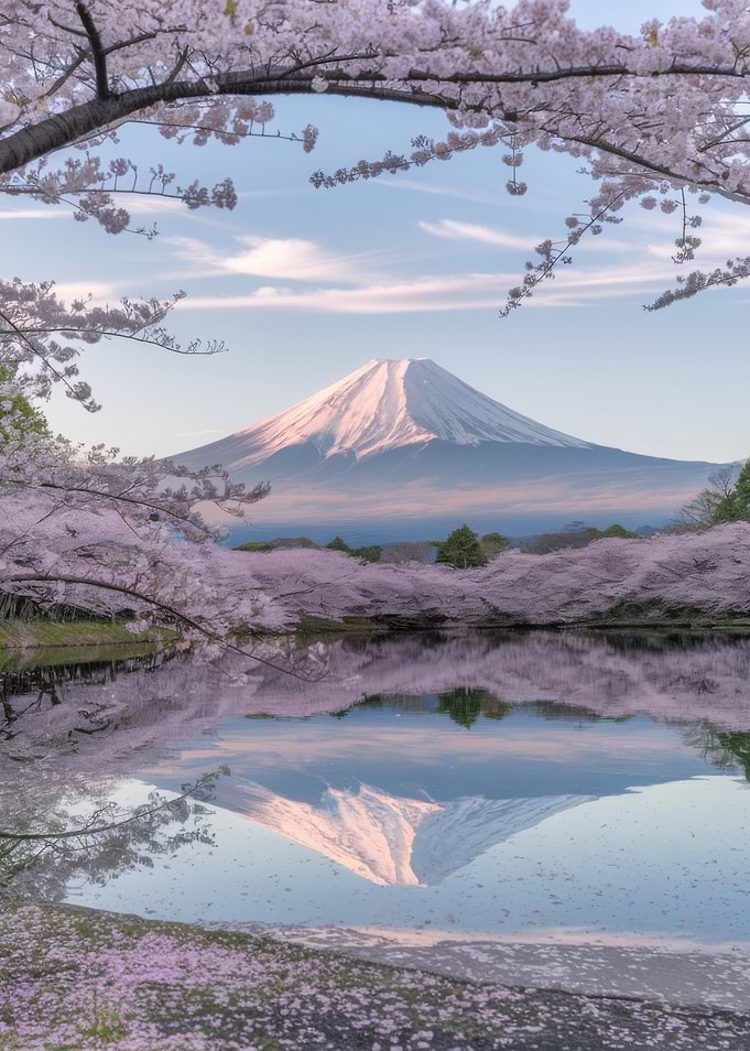Mount Fuji and Cherry Blossoms Reflection
