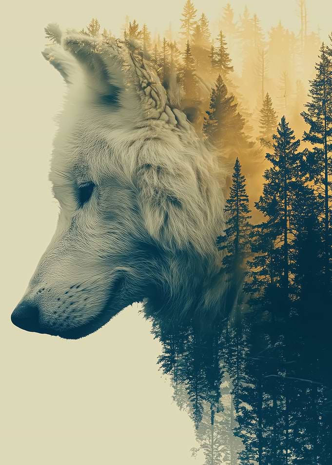 Wolf and Forest Double Exposure