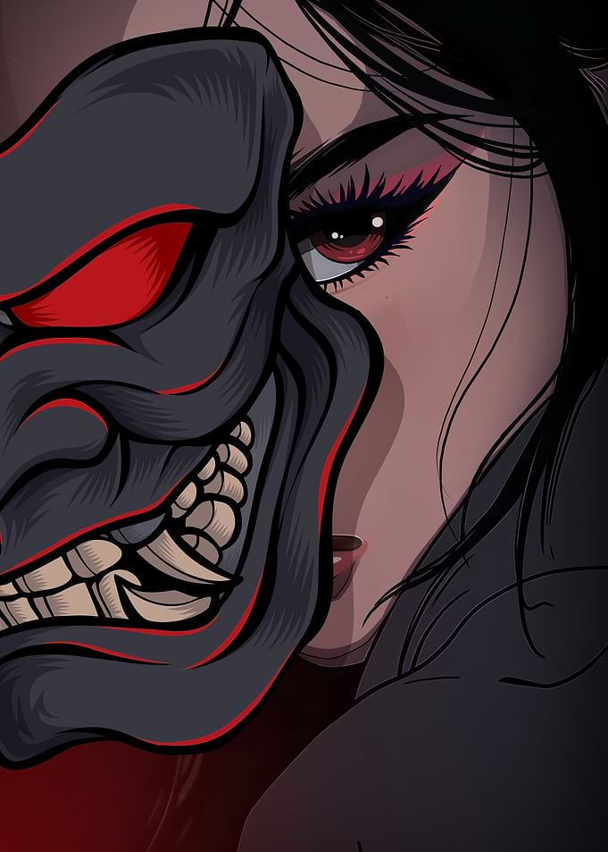 Woman with Oni Mask Digital Art