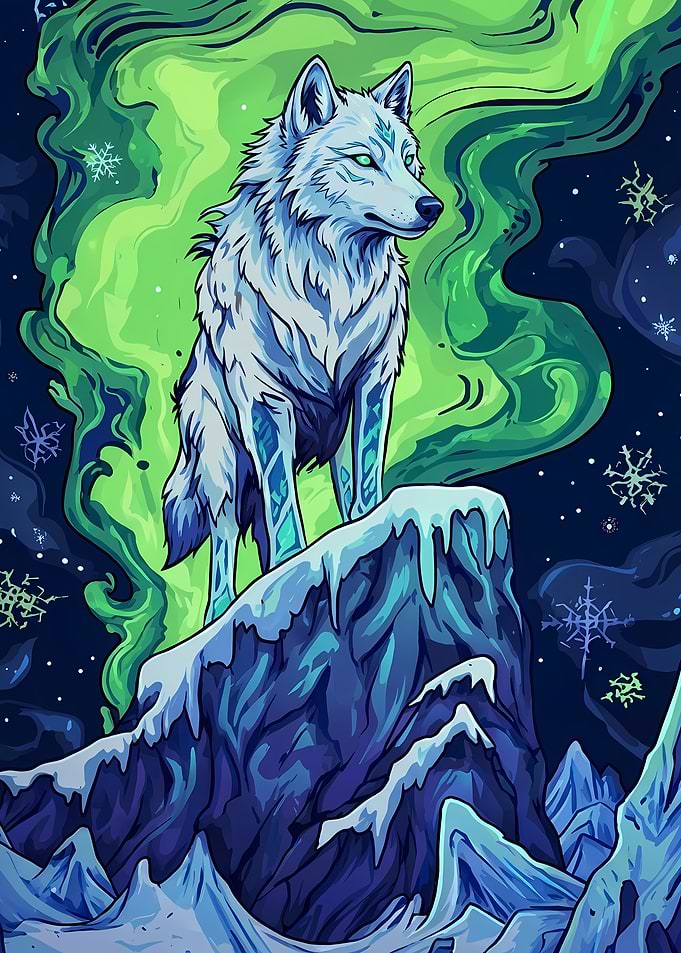 Arctic Wolf Under Aurora Borealis