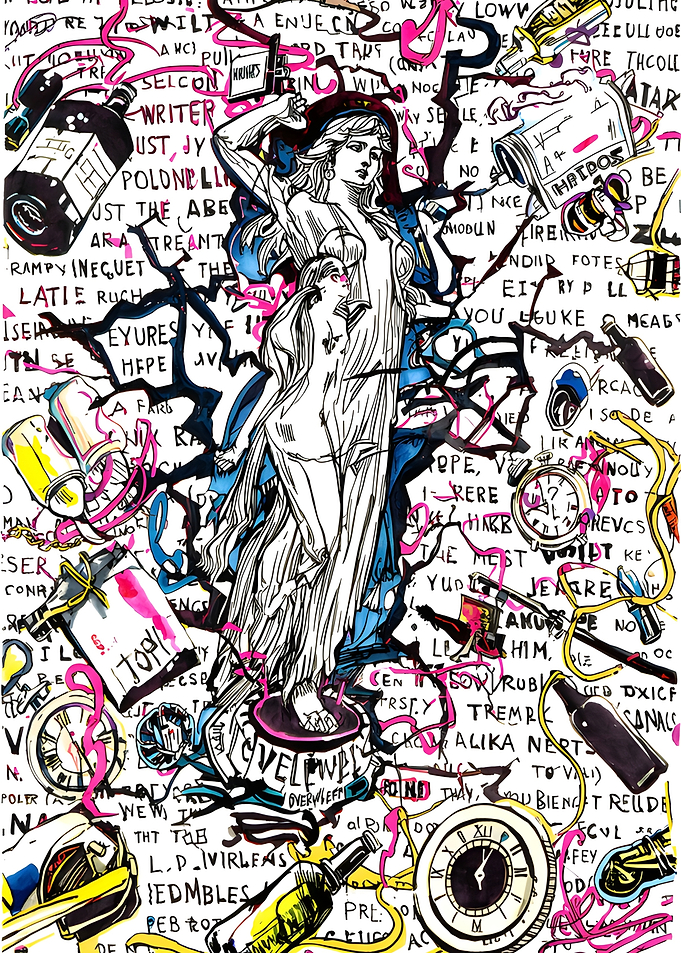 Abstract Statue with Text and Objects