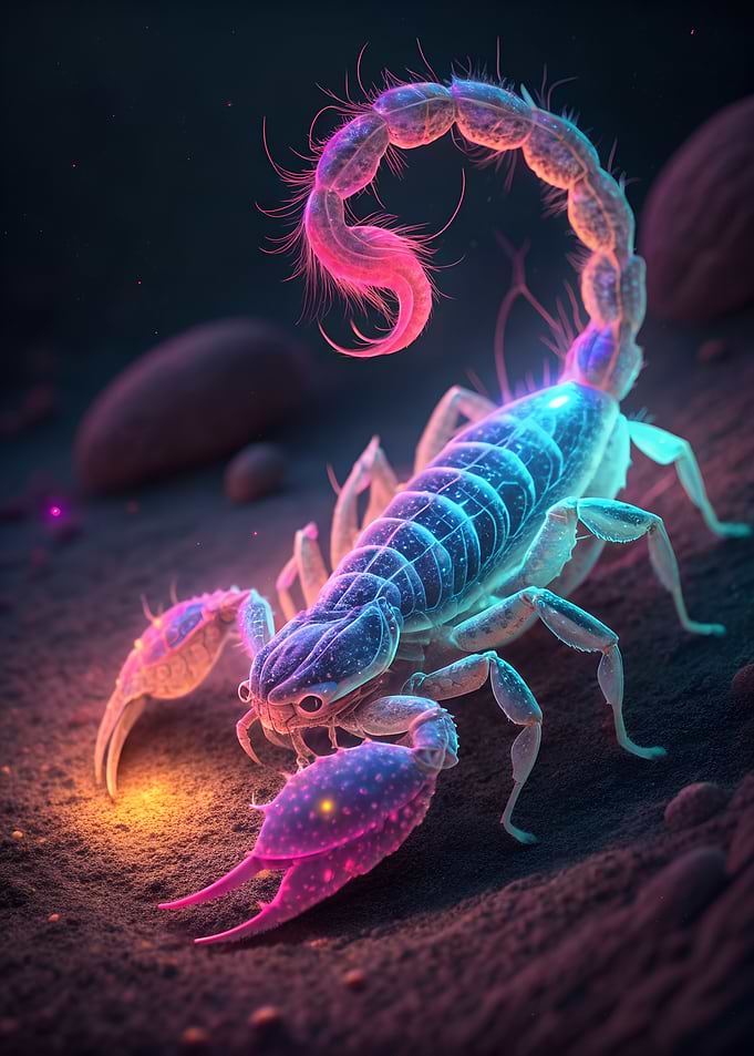 Neon Scorpion on Dark Sand